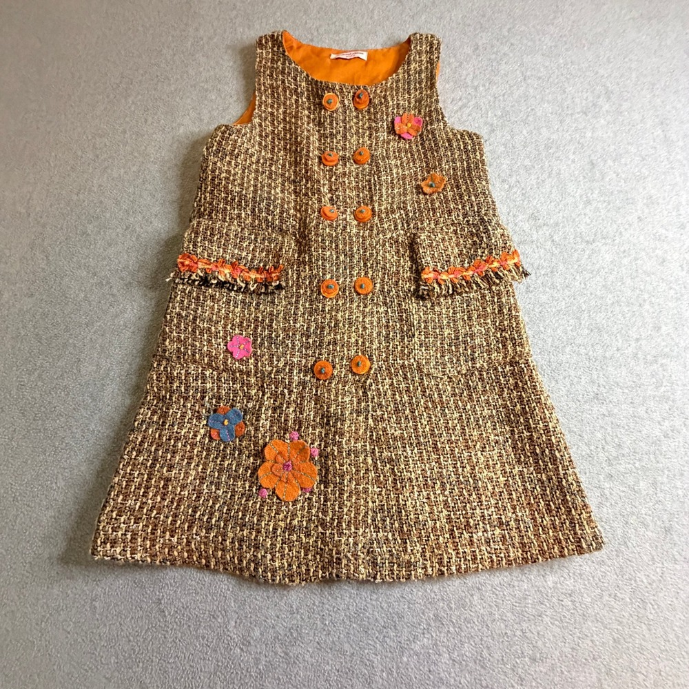 Michael Simon Girls Brown Tweed Floral Applique A-Line Jumper Dress